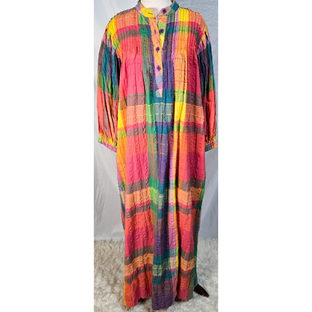 Vintage Maxi Dress Rainbow Cotton Madras Plaid 70s Boho Hippie Puff Sleeve